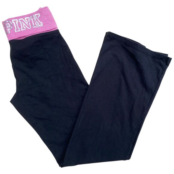 Y2K VS PINK M Foldover Black Flare Leggings Pink Silver Logo Low Rise Vtg - Picture 3 of 15